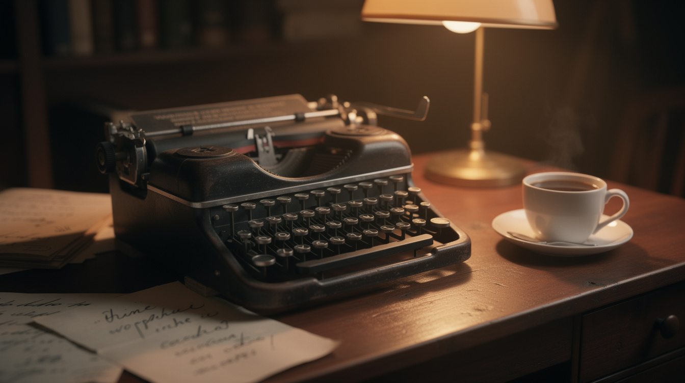 Vintage typewriter on a wooden desk with handwritten notes and coffee