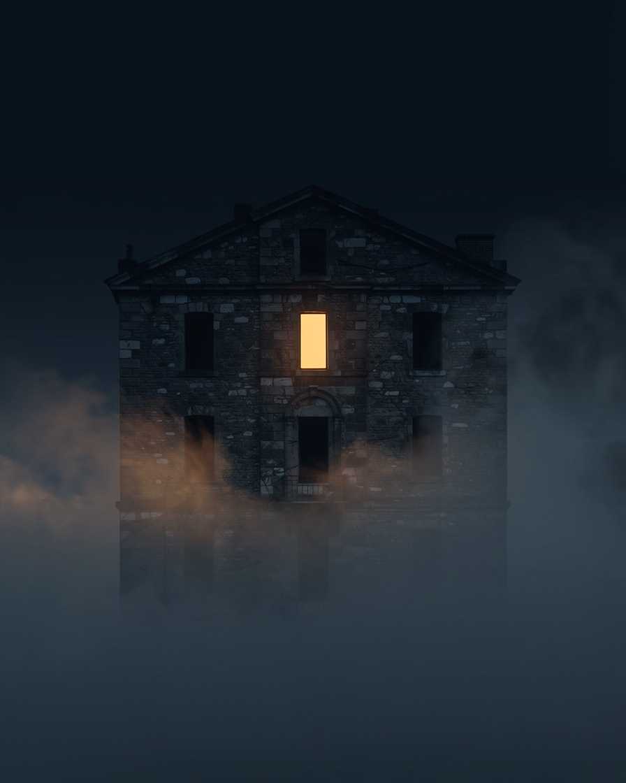 Dark moody mystery novel cover with a lit window in a fog covered stone building