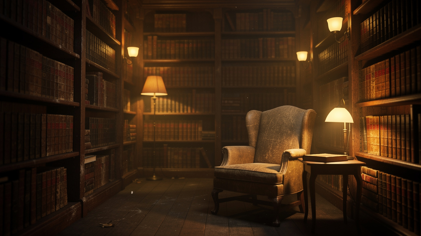 Tall old wooden library shelves filled with worn books in dim light
