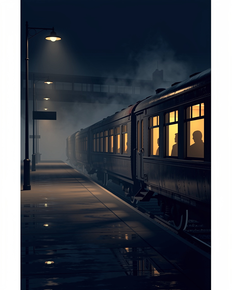 Mystery novel cover showing an old train departing a foggy station at night