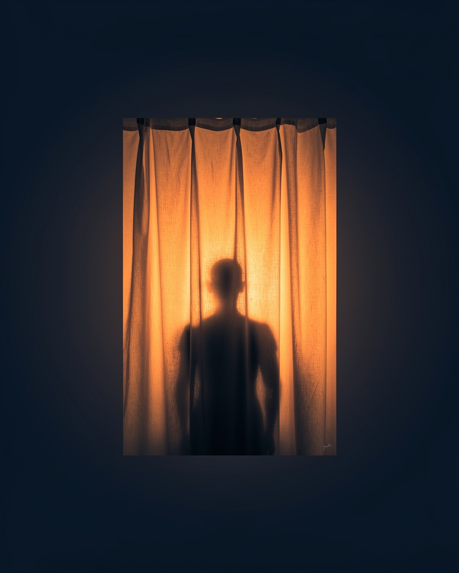 Mystery novel cover showing a silhouette behind a curtain in dim light