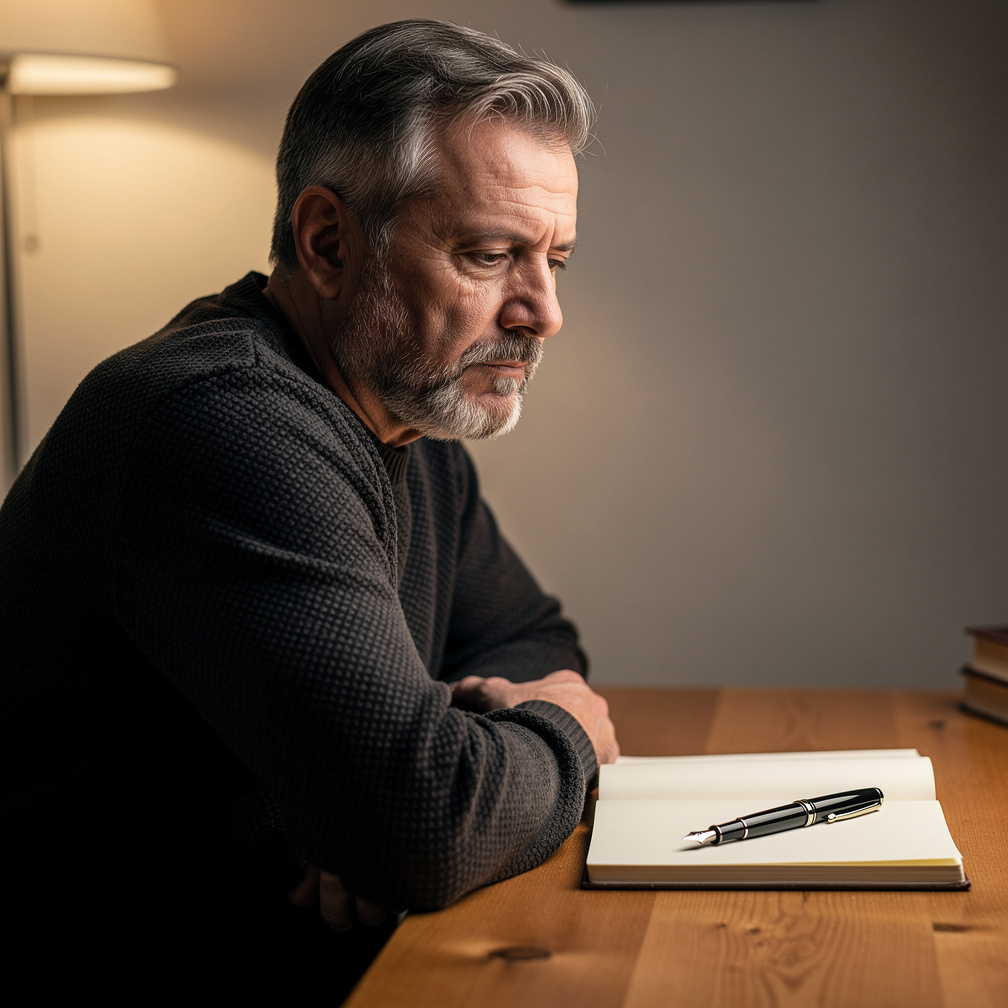 Croatian mystery writer sitting thoughtfully at his wooden desk
